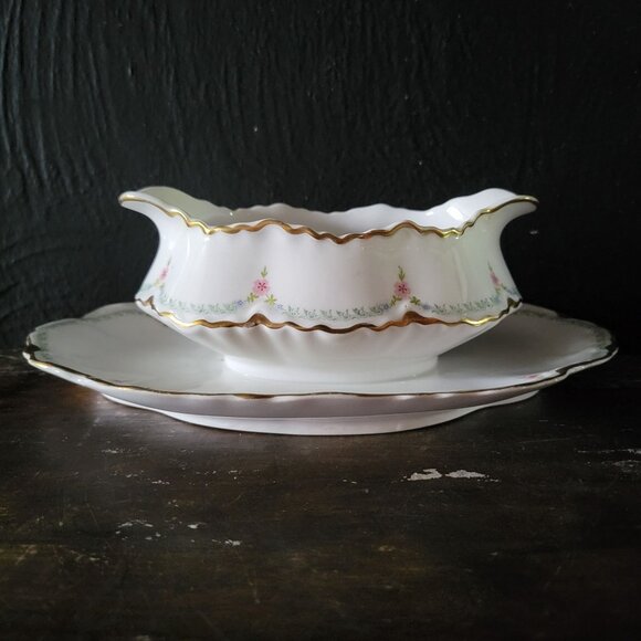 Pope Gosser Gravy Boat w/ Attached Underplate Gold Trim Pink Flower Green Swag - Picture 5 of 12